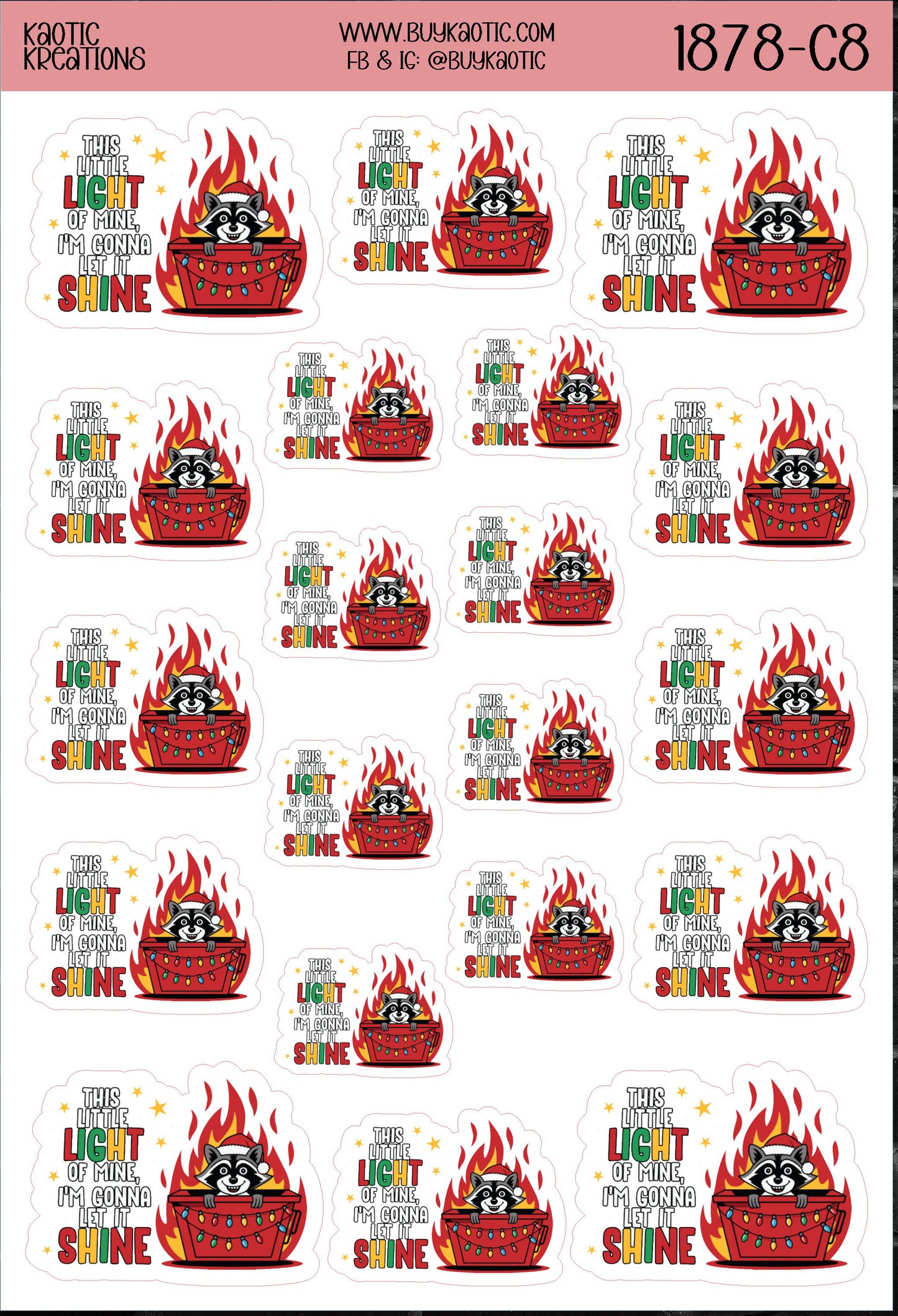This Little Light of Mine, I'm Gonna let it Shine Raccoon Sticker Sheet