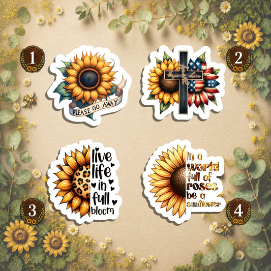 Set of 4 Sunflower Die-Cut Stickers | 20% Bundle Discount | 2, 3 or 4 Inch | Waterproof Vinyl or Paper Stickers