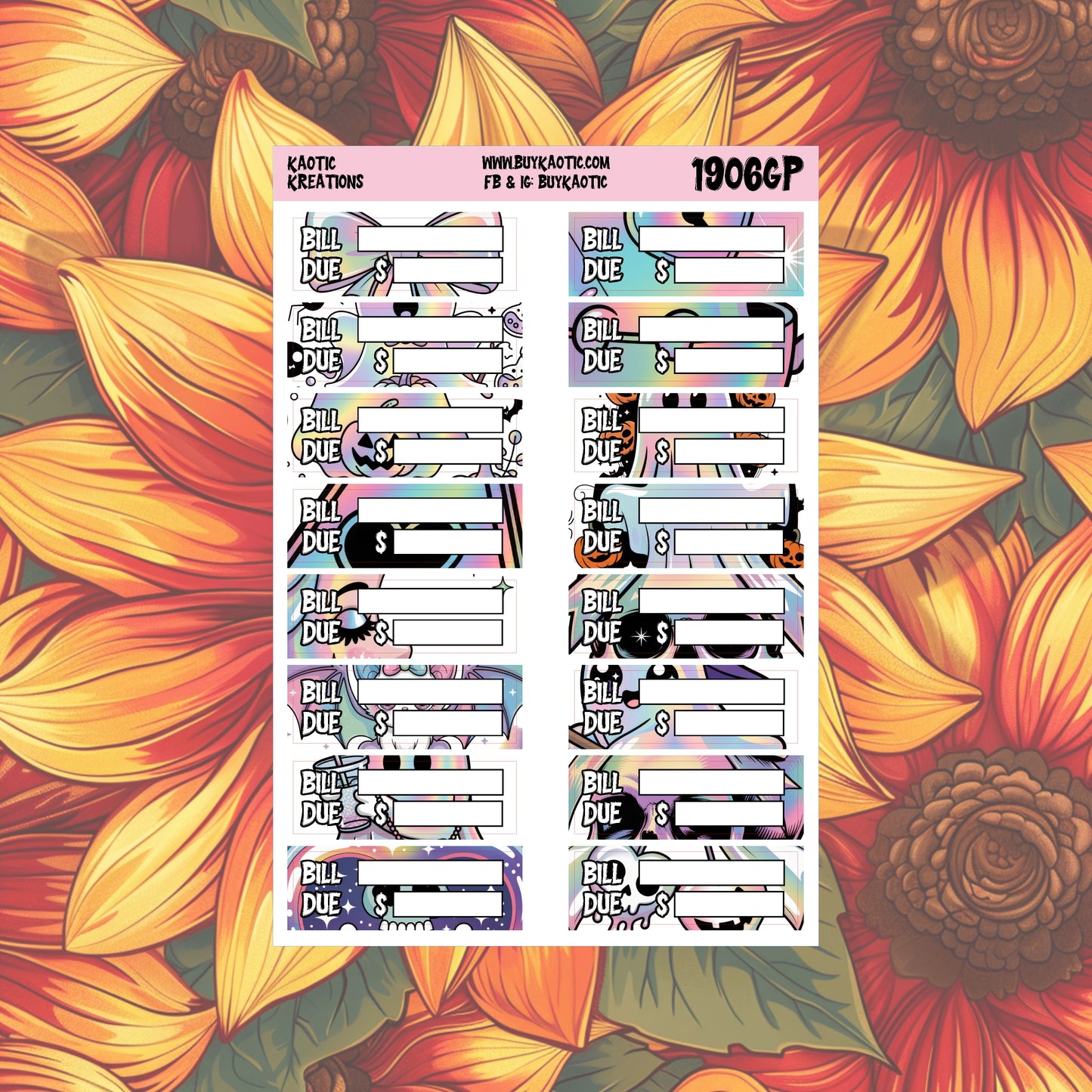 Holo Halloween Bill Due Planner Stickers