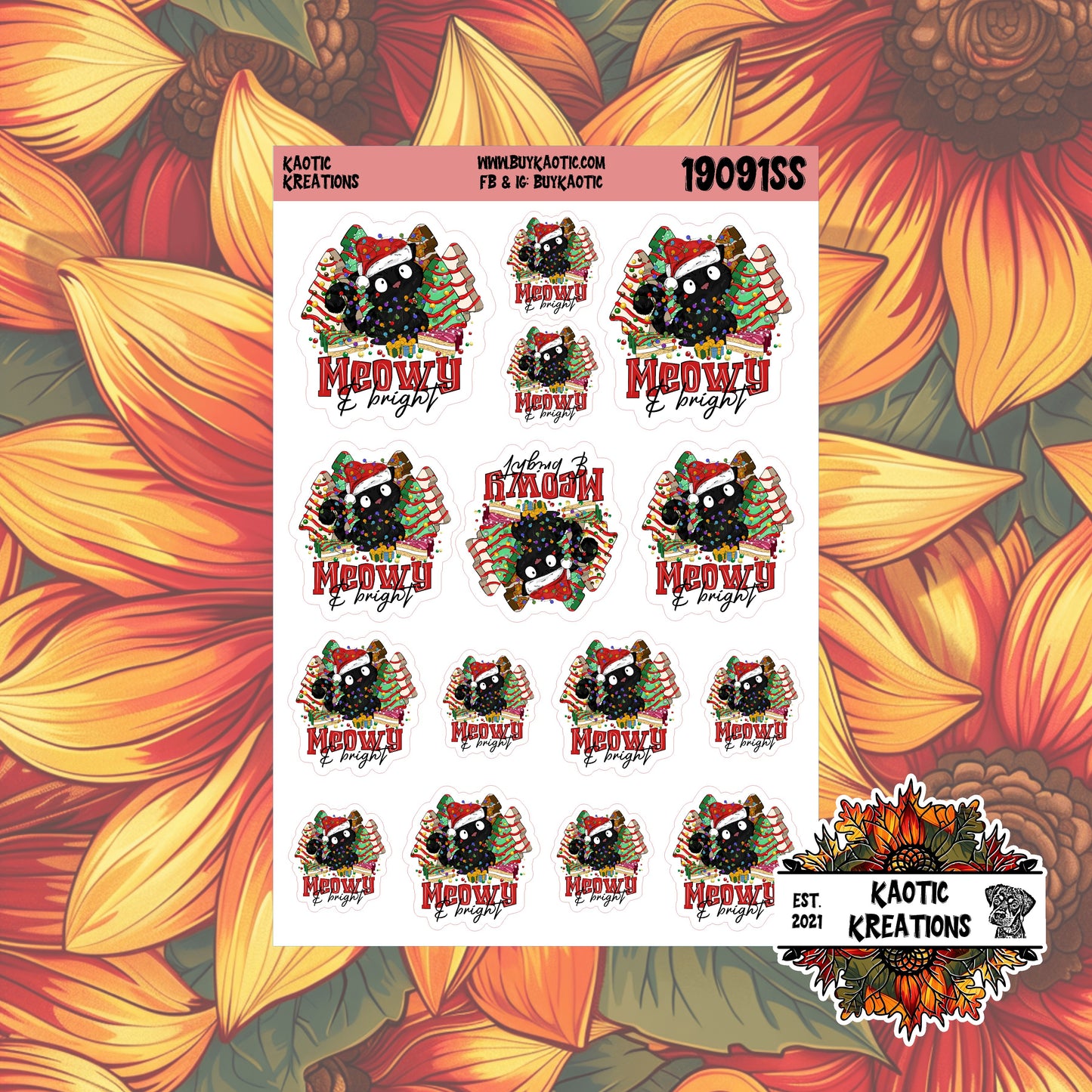 Meowy & Bright Black Cat Christmas Stickers