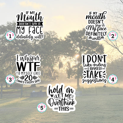 Set of 5 Sassy Die-Cut Stickers | 20% Bundle Discount | 2, 3 or 4 Inch | Waterproof Vinyl or Paper Stickers