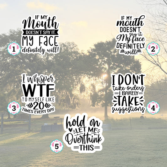 Set of 5 Sassy Die-Cut Stickers | 20% Bundle Discount | 2, 3 or 4 Inch | Waterproof Vinyl or Paper Stickers