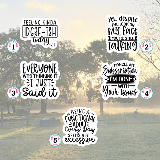 Set of 5 Sassy Die-Cut Stickers | 20% Bundle Discount | 2, 3 or 4 Inch | Waterproof Vinyl or Paper Stickers