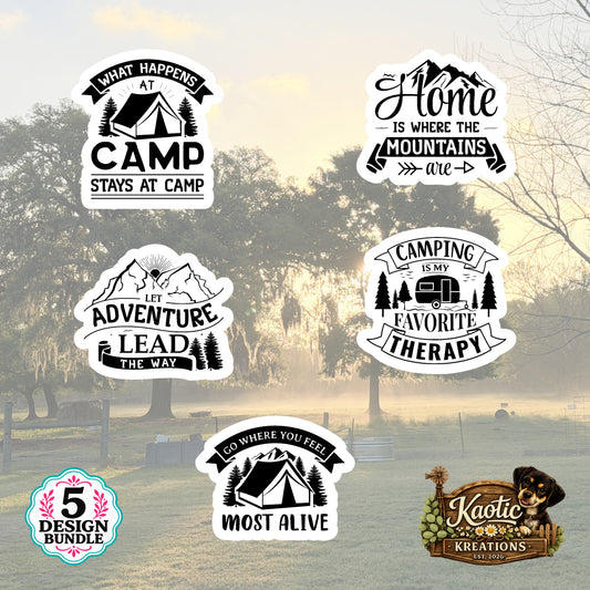 Set of 5 Camping Die-Cut Stickers | 20% Bundle Discount | 2, 3 or 4 Inch | Waterproof Vinyl or Paper Stickers