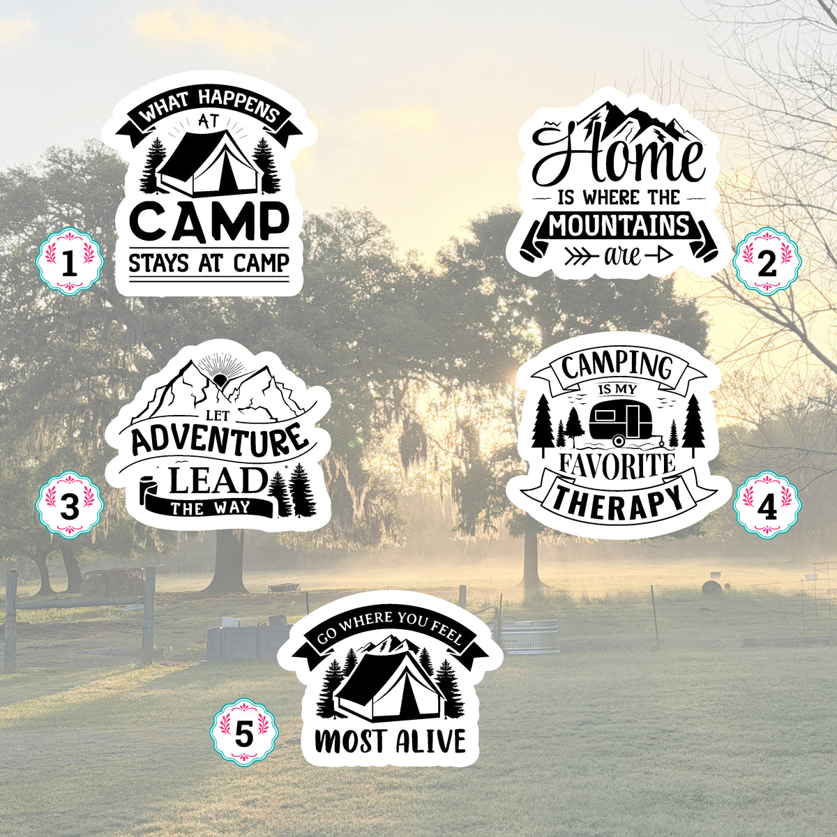 Set of 5 Camping Die-Cut Stickers | 20% Bundle Discount | 2, 3 or 4 Inch | Waterproof Vinyl or Paper Stickers