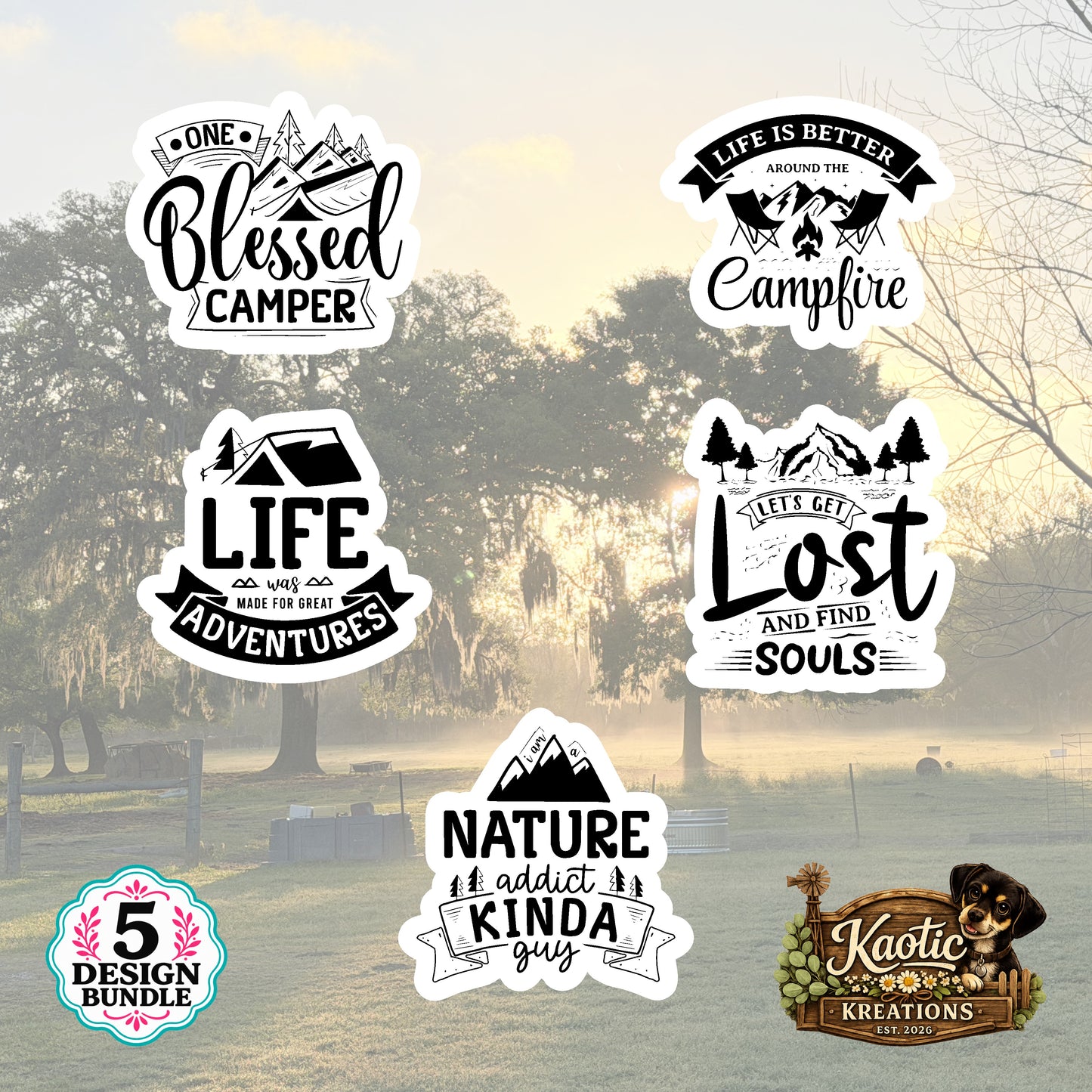 Set of 5 Camping Die-Cut Stickers | 20% Bundle Discount | 2, 3 or 4 Inch | Waterproof Vinyl or Paper Stickers