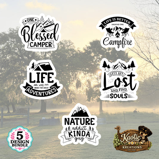 Set of 5 Camping Die-Cut Stickers | 20% Bundle Discount | 2, 3 or 4 Inch | Waterproof Vinyl or Paper Stickers