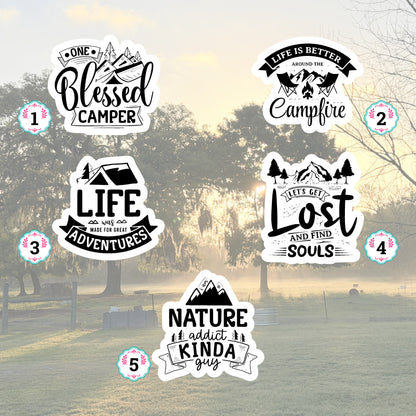 Set of 5 Camping Die-Cut Stickers | 20% Bundle Discount | 2, 3 or 4 Inch | Waterproof Vinyl or Paper Stickers