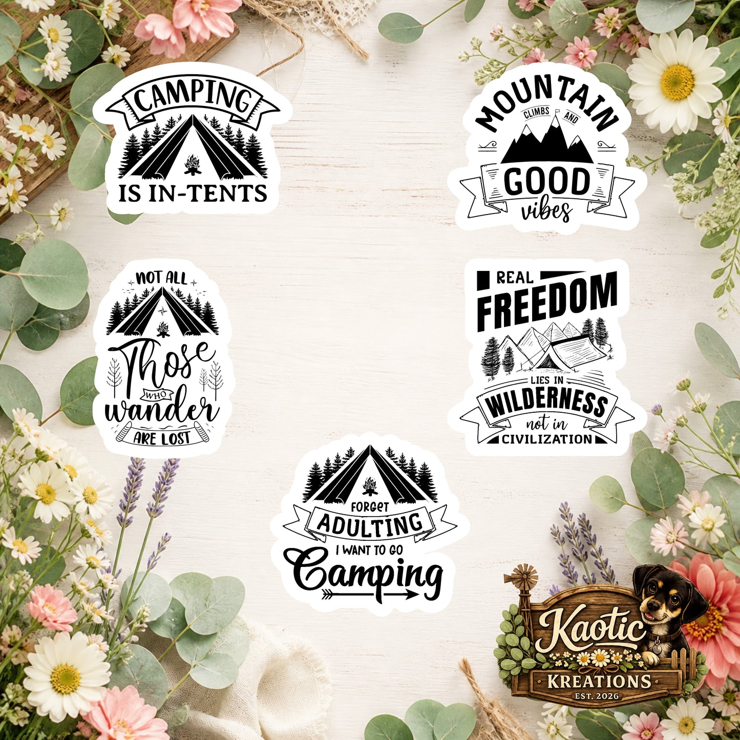 Set of 5 Camping Die-Cut Stickers | 20% Bundle Discount | 2, 3 or 4 Inch | Waterproof Vinyl or Paper Stickers