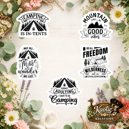 Set of 5 Camping Die-Cut Stickers | 20% Bundle Discount | 2, 3 or 4 Inch | Waterproof Vinyl or Paper Stickers