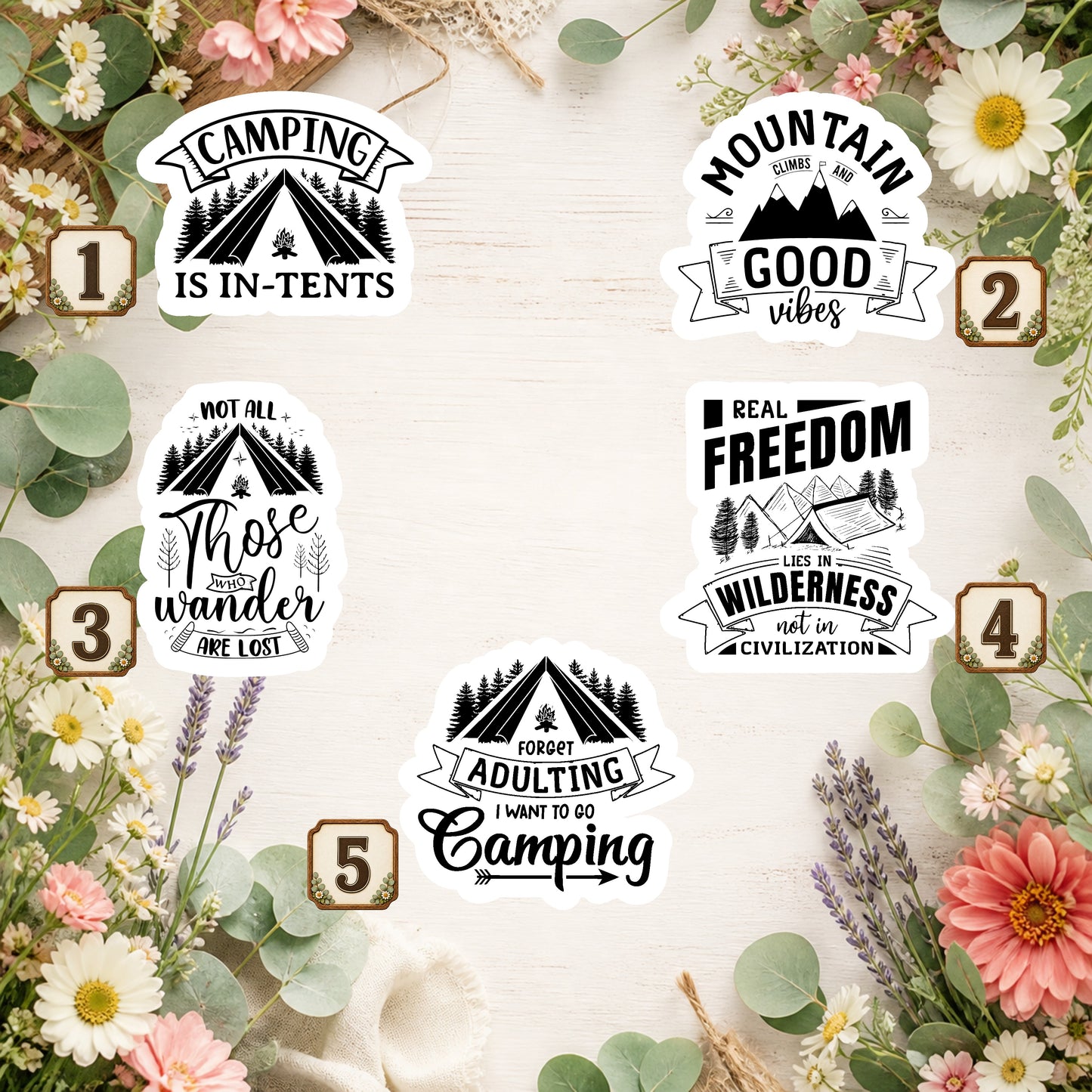 Set of 5 Camping Die-Cut Stickers | 20% Bundle Discount | 2, 3 or 4 Inch | Waterproof Vinyl or Paper Stickers