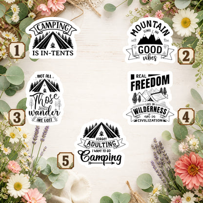 Set of 5 Camping Die-Cut Stickers | 20% Bundle Discount | 2, 3 or 4 Inch | Waterproof Vinyl or Paper Stickers