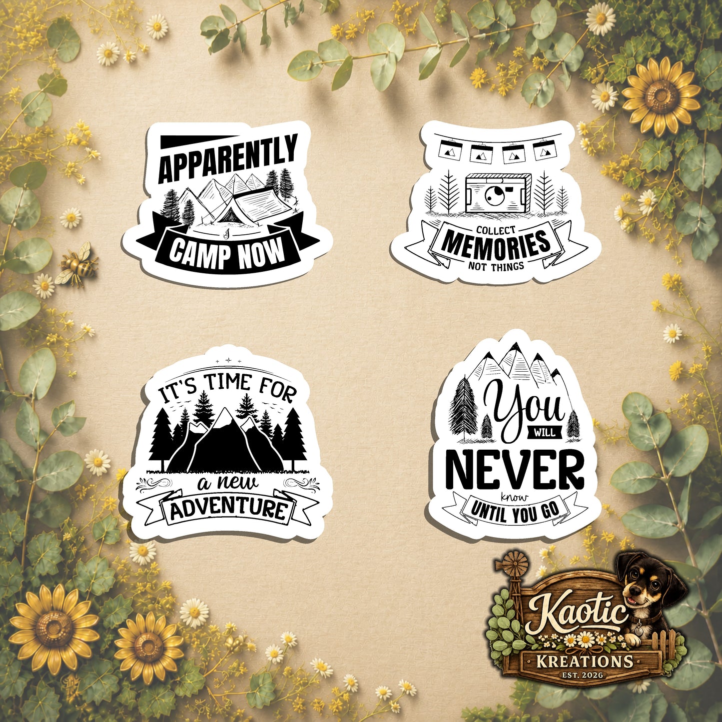 Set of 4 Camping Die-Cut Stickers | 20% Bundle Discount | 2, 3 or 4 Inch | Waterproof Vinyl or Paper Stickers