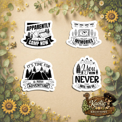 Set of 4 Camping Die-Cut Stickers | 20% Bundle Discount | 2, 3 or 4 Inch | Waterproof Vinyl or Paper Stickers