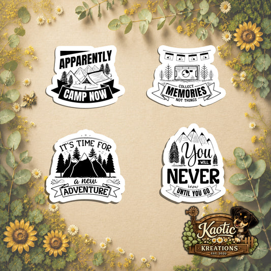 Set of 4 Camping Die-Cut Stickers | 20% Bundle Discount | 2, 3 or 4 Inch | Waterproof Vinyl or Paper Stickers