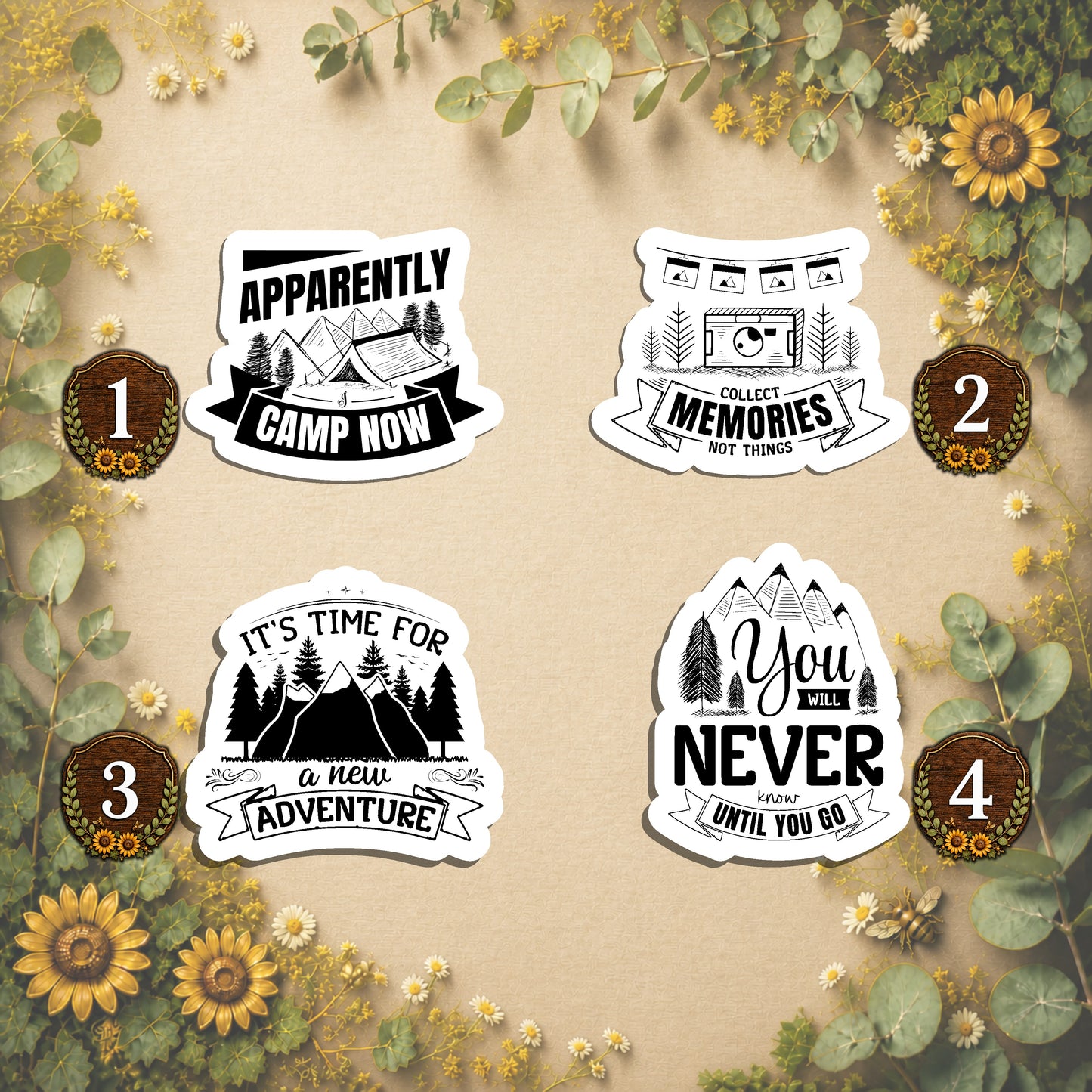 Set of 4 Camping Die-Cut Stickers | 20% Bundle Discount | 2, 3 or 4 Inch | Waterproof Vinyl or Paper Stickers