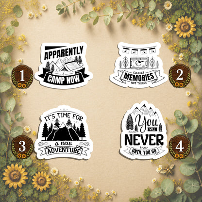 Set of 4 Camping Die-Cut Stickers | 20% Bundle Discount | 2, 3 or 4 Inch | Waterproof Vinyl or Paper Stickers