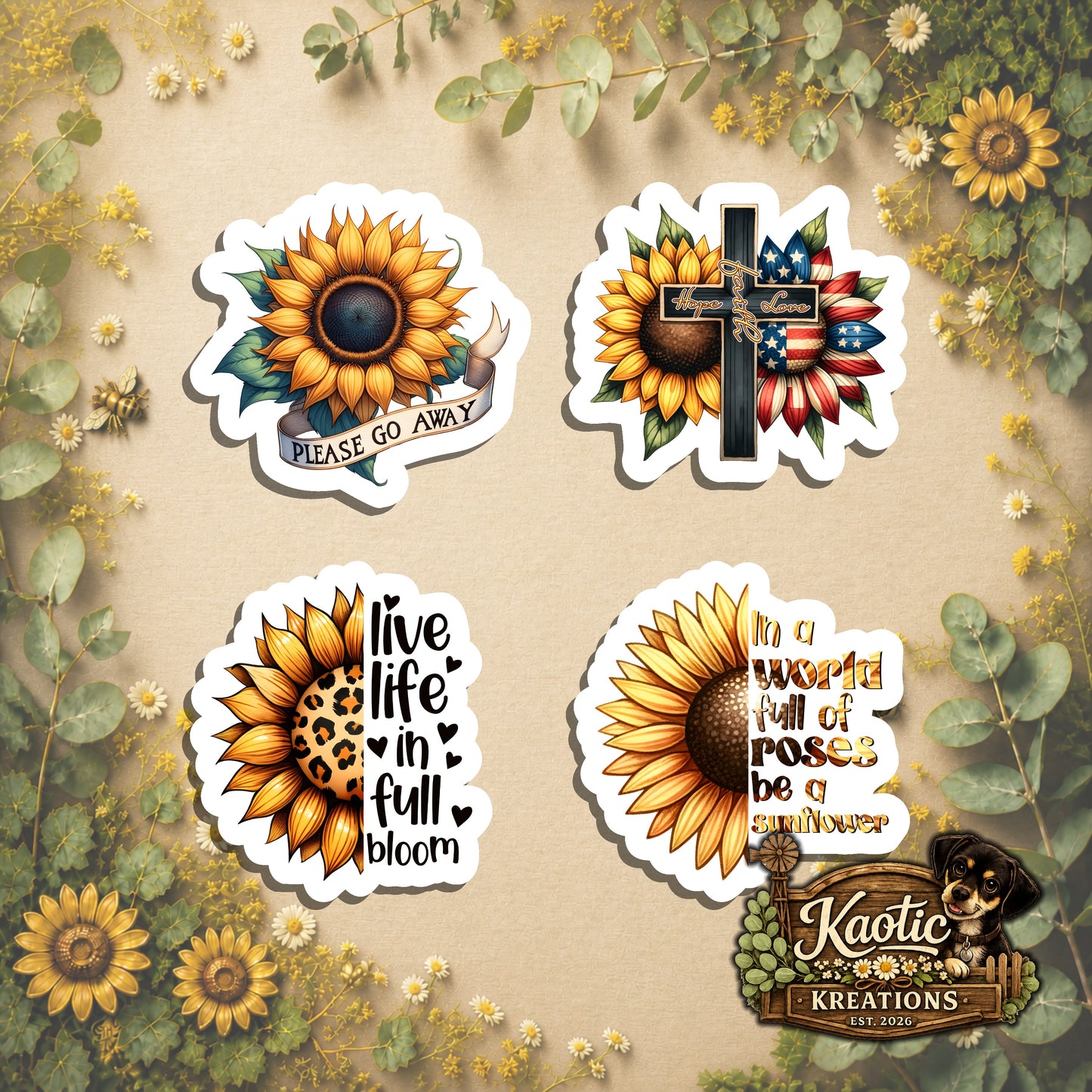 Set of 4 Sunflower Die-Cut Stickers | 20% Bundle Discount | 2, 3 or 4 Inch | Waterproof Vinyl or Paper Stickers