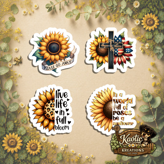 Set of 4 Sunflower Die-Cut Stickers | 20% Bundle Discount | 2, 3 or 4 Inch | Waterproof Vinyl or Paper Stickers