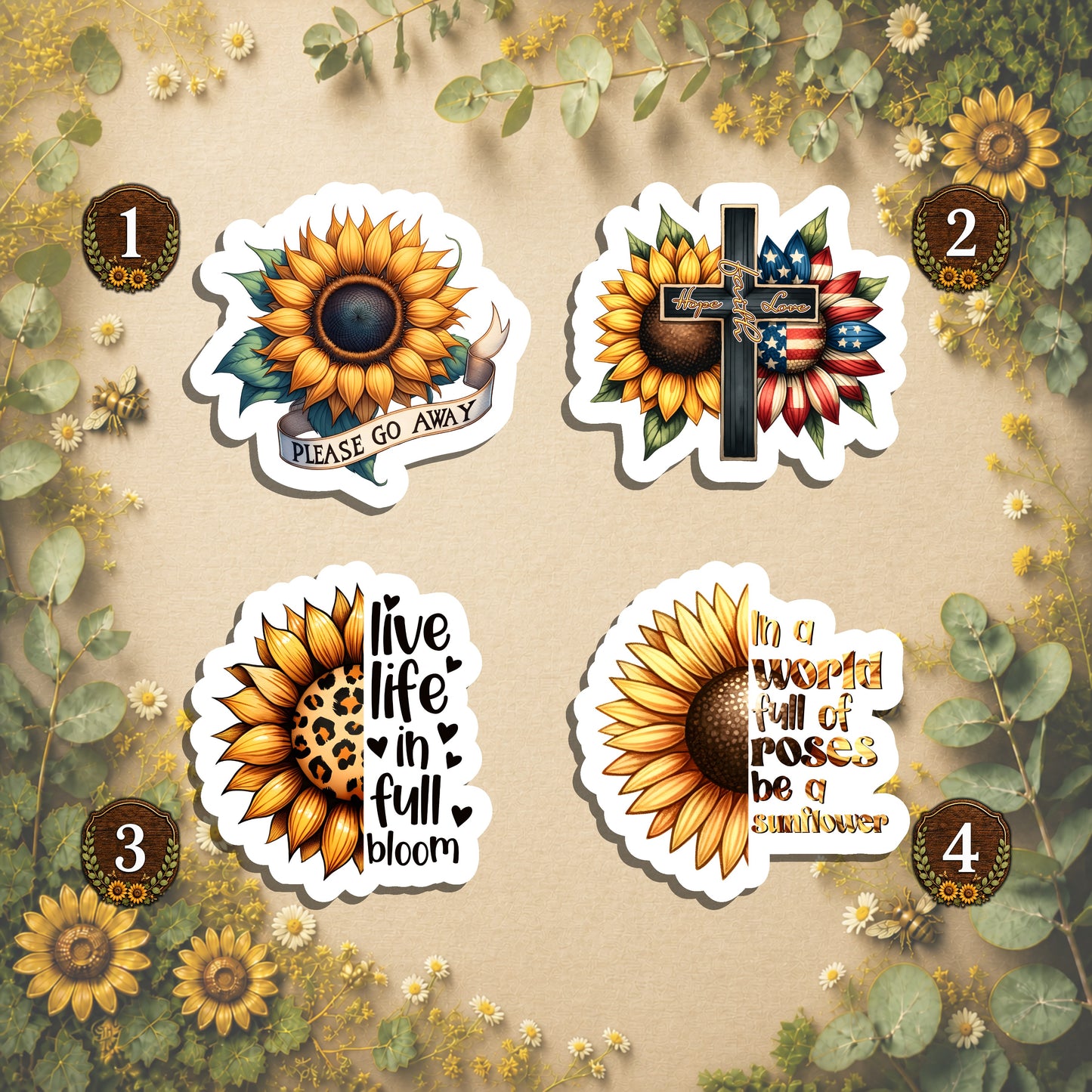 Set of 4 Sunflower Die-Cut Stickers | 20% Bundle Discount | 2, 3 or 4 Inch | Waterproof Vinyl or Paper Stickers