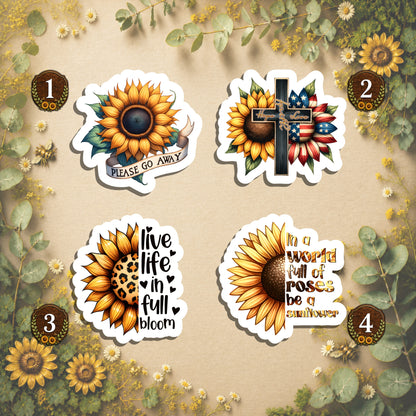 Set of 4 Sunflower Die-Cut Stickers | 20% Bundle Discount | 2, 3 or 4 Inch | Waterproof Vinyl or Paper Stickers