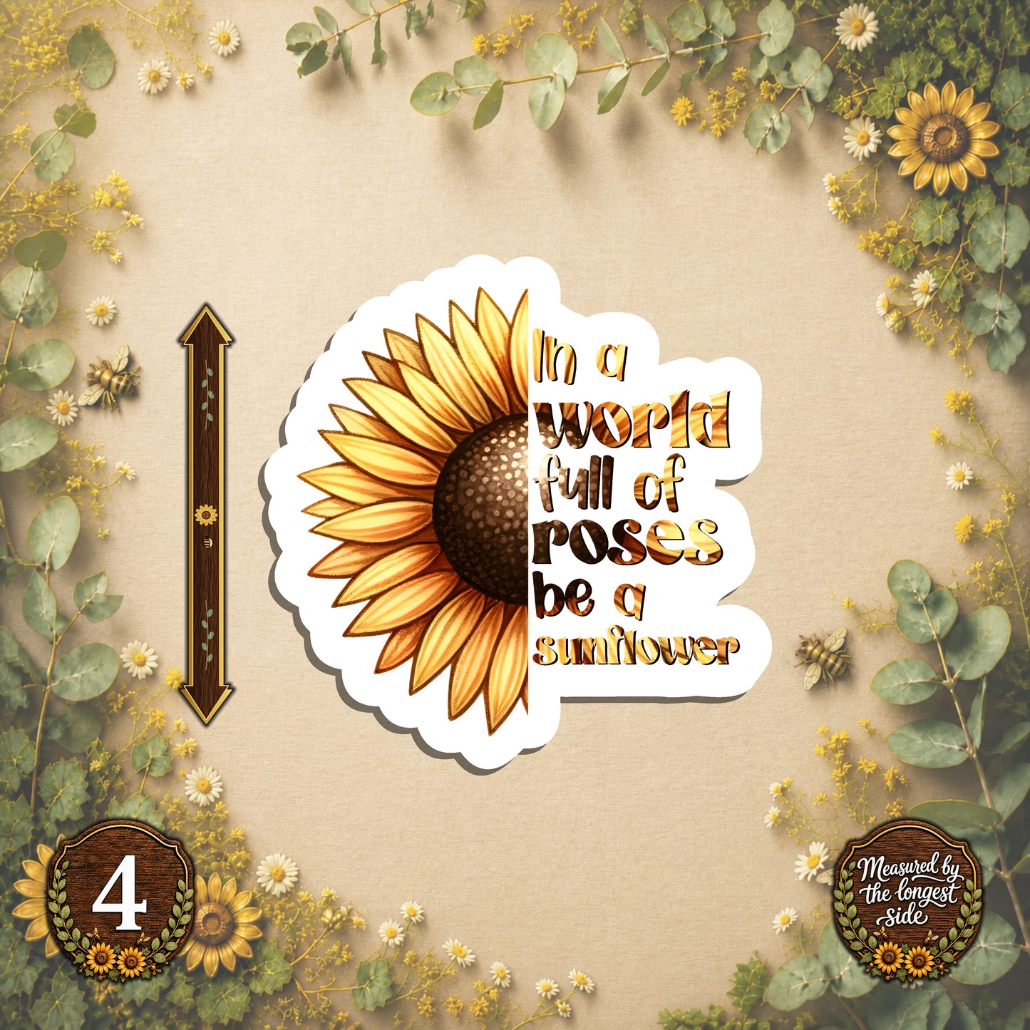 Set of 4 Sunflower Die-Cut Stickers | 20% Bundle Discount | 2, 3 or 4 Inch | Waterproof Vinyl or Paper Stickers